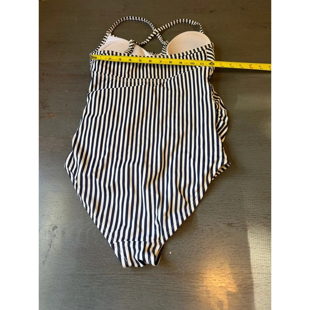 Isabel Maternity Navy White Striped Ruffle One Piece Swimsuit Small